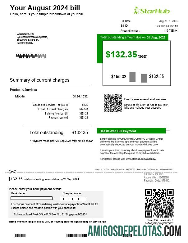 Em branco modelo de fatura de serviços públicos StarHub de Cingapura em formatos Word e PDF